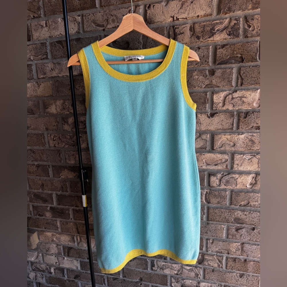 St.John Collection Sleeveless Knit Dress Size 6 Turquoise Yellow Trim Colorblock